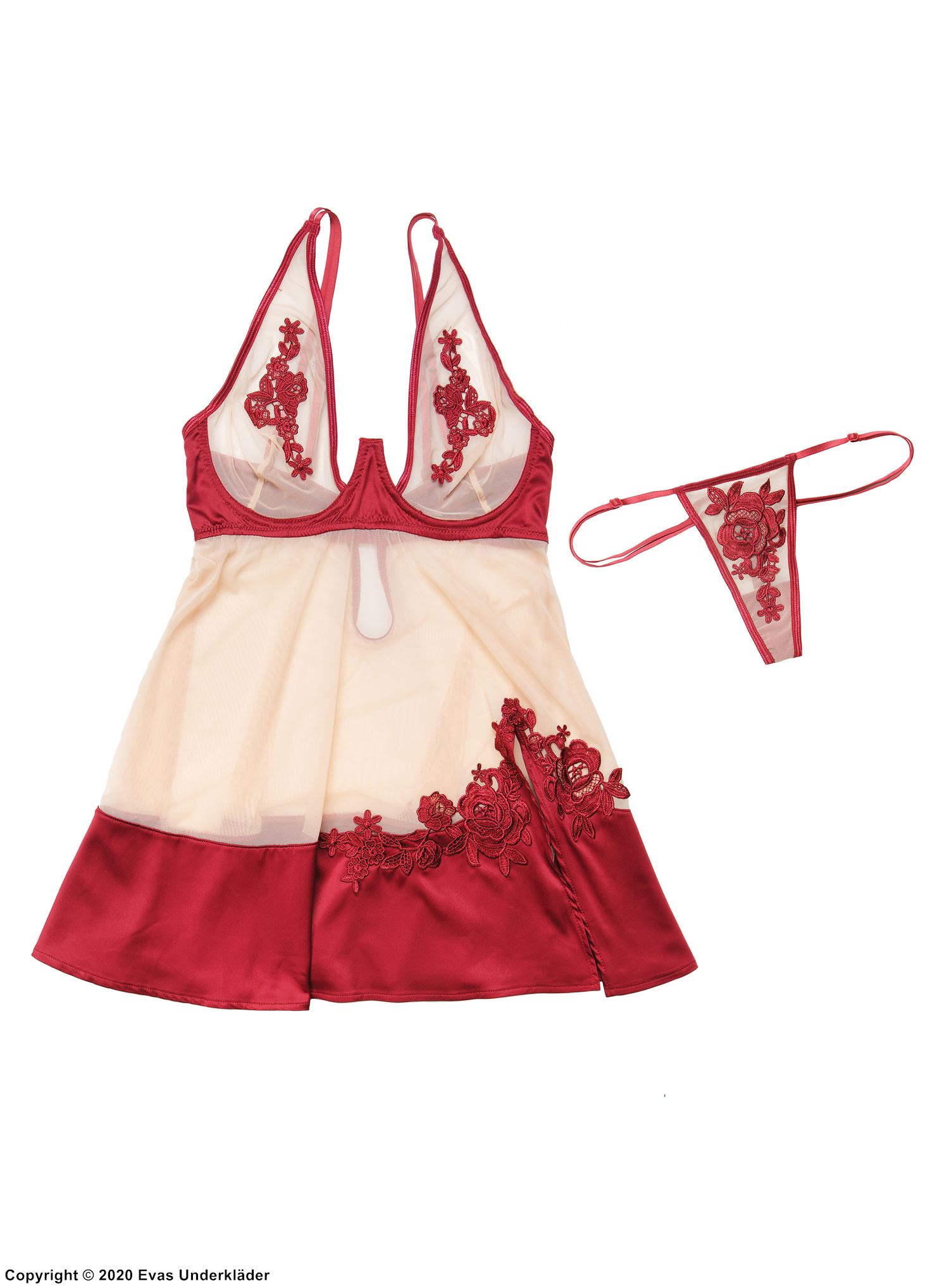 Romantisches Babydoll, durchsichtiges Netz, Schlitz, Spitzenapplikation, Satineinlage